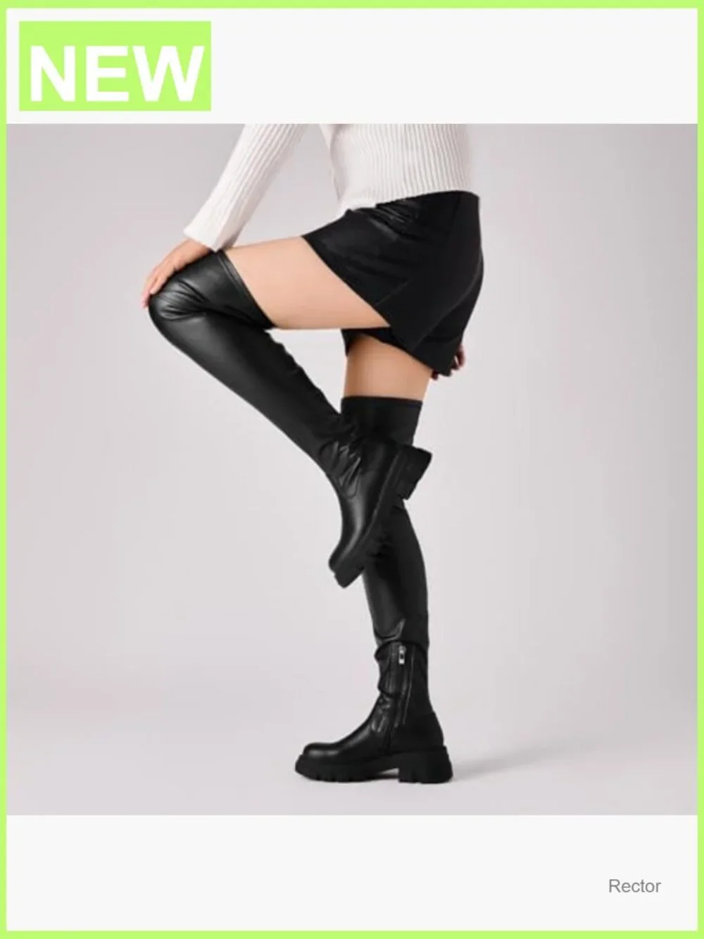 Over The Knee Boots Chunky Heel Platform Lug Sole Stretchy Faux Leather Side